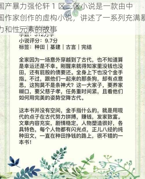 国产暴力强伦轩 1 区二区小说是一款由中国作家创作的虚构小说，讲述了一系列充满暴力和性元素的故事